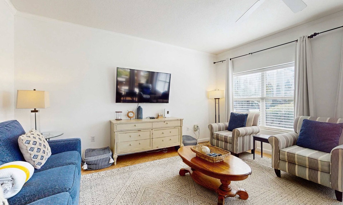 Frangista Beach Condo | Comfortable ground floor condo with pool & hot tub access, W&D, WiFi, and AC
