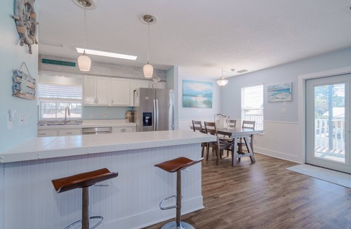 Holiday Beach House | Sunset Lagoon | 3BR Beach Home, Large Deck, Fenced Yard, Walk to Sand & Shops